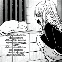 a black and white image of a girl and a cat