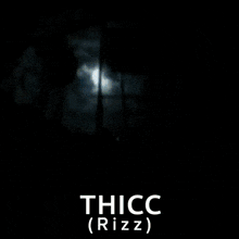 a close up of a cartoon character wearing sunglasses with the words `` thicc ( rizz ) '' written on it .
