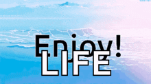a poster that says enjoy life with a beach in the background
