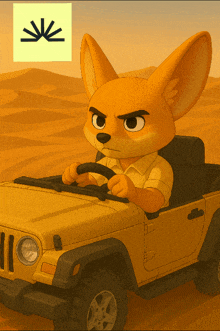 a cartoon character is driving a yellow jeep