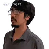 a pixelated image of a man with glasses and the number 19 on his head