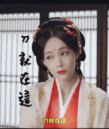 a woman in a red and white dress with chinese writing