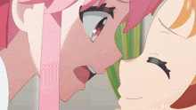 a close up of two anime characters one with pink hair and the other with orange hair
