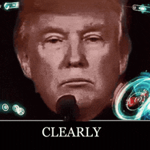 a close up of donald trump 's face with the words clearly below it