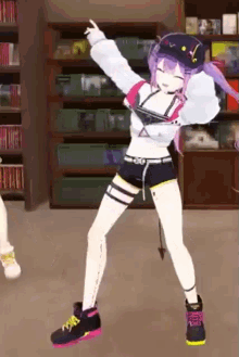 a 3d anime girl is dancing in a library in front of a bookshelf .