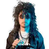a man wearing a wig and sunglasses is holding a camera with the word medh below him