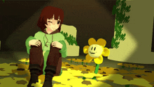 a girl is sitting next to a yellow flower in a dark room .