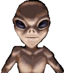 a pixelated image of an alien with purple eyes .