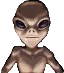 a pixelated image of an alien with purple eyes .