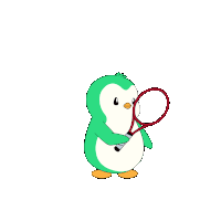 a cartoon penguin is holding a tennis racquet and a tennis ball