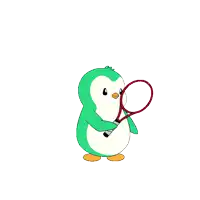 a cartoon penguin is holding a tennis racquet and a tennis ball