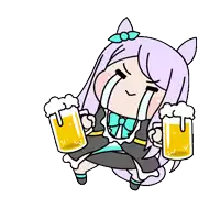a cartoon girl with purple hair is holding two mugs of beer .