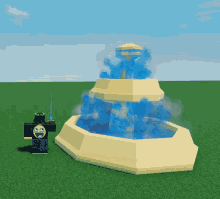 a cartoon character with a smiley face is standing next to a fountain