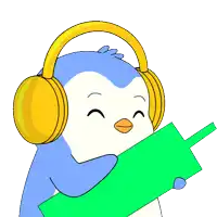 a cartoon penguin wearing headphones holds a green object