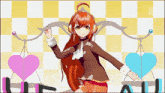 a girl with long red hair and headphones stands in front of a scale