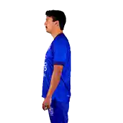 a man and a woman are giving each other a high five while wearing blue jerseys