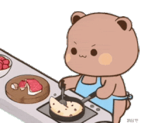 a cartoon bear is cooking food in a frying pan on a stove .