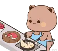 a cartoon bear is cooking food in a frying pan on a stove .