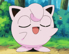 a pink cartoon cat with its eyes closed and its tongue out .