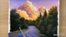 a painting of a road with trees and clouds is made in animatica