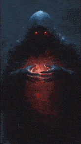 a man in a hood is surrounded by flames in a dark room