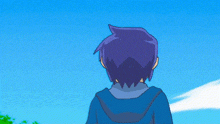a cartoon of a boy with purple hair standing in front of a blue sky with clouds