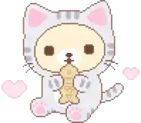 a pixel art drawing of a cat wearing a cat costume eating a cookie
