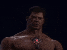 a close up of a man with red eyes and a necklace on his chest