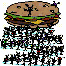 a cartoon drawing of a bunch of bugs standing around a hamburger