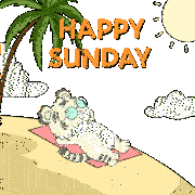 a cartoon of a tiger laying on a beach under a palm tree with the words happy sunday