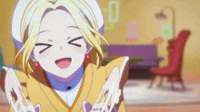 a girl with blonde hair is smiling and making a smiley face