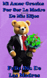 a teddy bear in a suit and tie is holding flowers