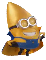 a yellow minion wearing a cape and goggles with the letter m on his overalls