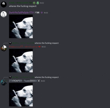 a black and white photo of a dog with a finger in its mouth and the words wheres the fucking respect
