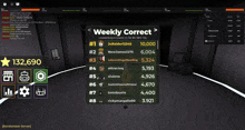 a screen shot of a video game shows the weekly correct