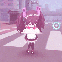 a girl in a maid outfit is holding a cake with the number 1420 on the bottom right