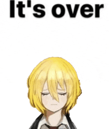 a picture of a girl with yellow hair and the words it 's over above her