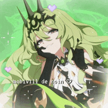 a drawing of a girl with green hair and the words mobivil de noin