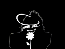 a black and white drawing of a man with a flower in his mouth .