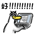 a cartoon penguin is holding a laptop computer with a cat on its back .