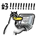 a cartoon penguin is holding a laptop computer with a cat on its back .