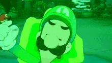 a cartoon character is wearing a green hat with the letter l on it
