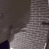 a person is standing in front of a brick wall with a door open