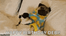 a pug dog is laying on a bed with the words `` happy birthday debi '' written on it .