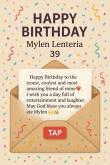 a birthday card for mylen lenteria 39 with an envelope