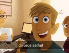 a cartoon of a man taking a selfie with the words divorce selfie below him