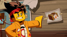 a cartoon character with the letter c on his shirt is standing next to a piece of paper