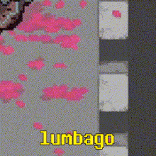 a pixel art of a person with the word lumbago in yellow