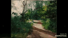 a painting of a dirt road in the woods is made in animatica