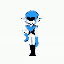 a pixel art of a person in a blue and white superhero costume standing with their arms outstretched .
